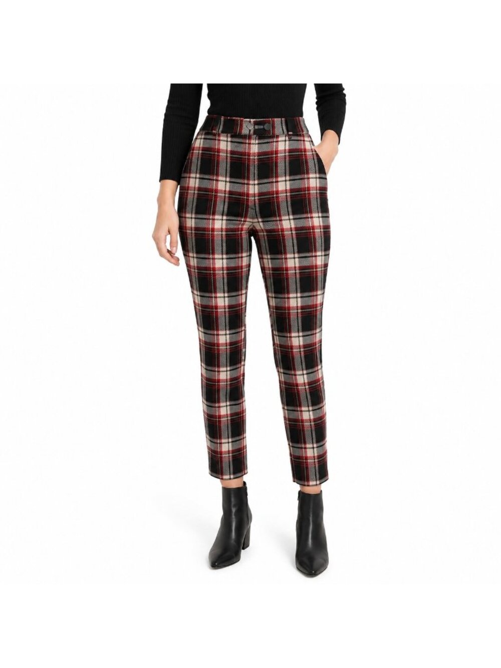 H&M Tartan Plaid Slim Leg Pants Red Black Beige - Size 8